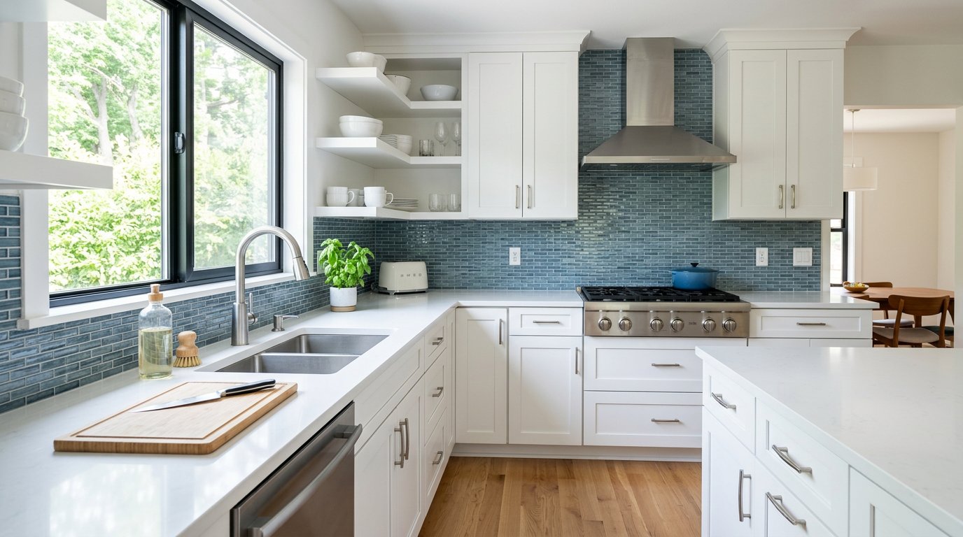 Blue-gray glass mosaic backsplash in a white Cromwell CT kitchen
