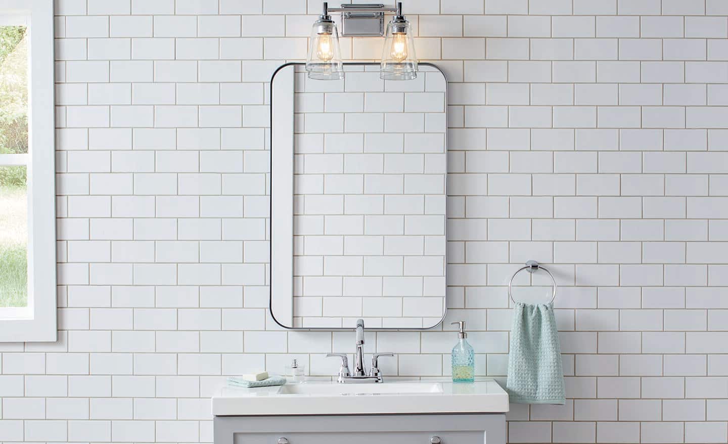 Bathroom vanity with white subway tile backsplash in Cromwell CT